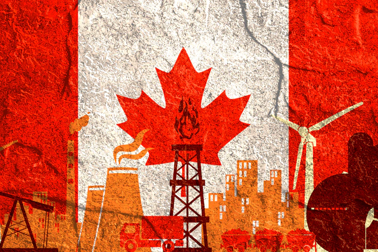 Graphic of illustrated energy facilities with a Canadian flag background