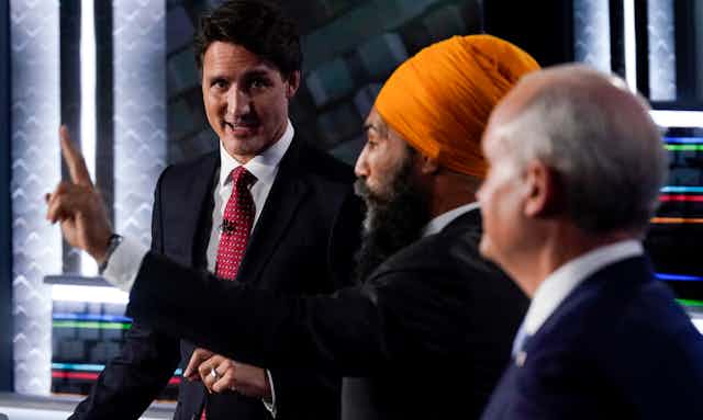Liberal Leader Justin Trudeau, left to right, NDP Leader Jagmeet Singh, and Conservative Leader Erin O'Toole take part in the federal election English-language Leaders debate