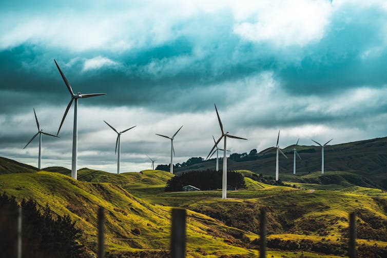 Wind turbines on farm land in New Zealand