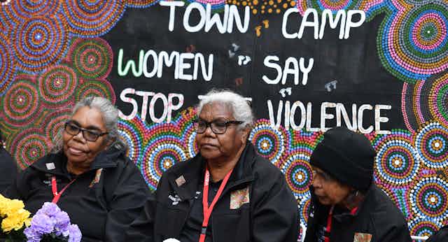 Members of the Tangentyere Women's Family Safety Group from Alice Springs at an event to discuss combatting family violence at Parliament House in Canberra, 2018.