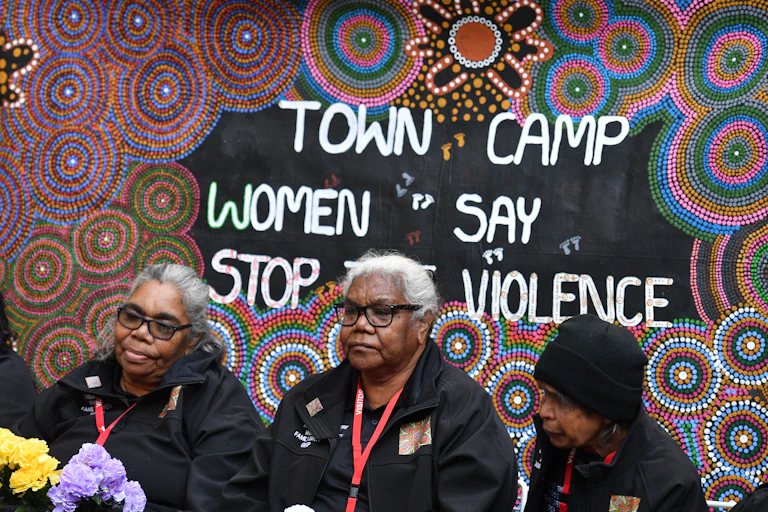 Members of the Tangentyere Women's Family Safety Group from Alice Springs at an event to discuss combatting family violence at Parliament House in Canberra, 2018.