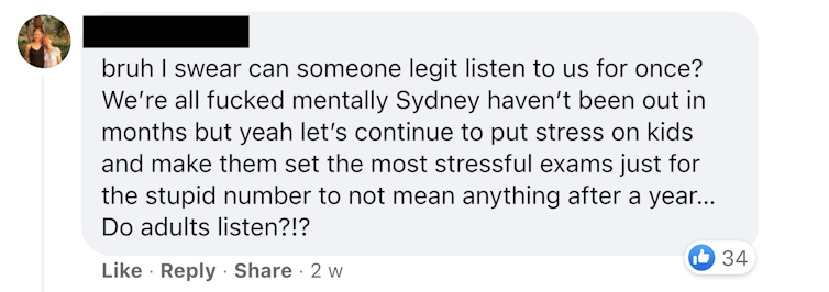 Screen shot of Facebook comment on HSC Discussion Group 2021