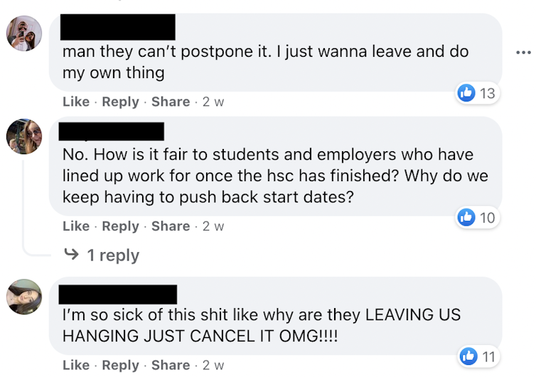 Screenshot of Facebook comment on HSC Discussion Group 2021