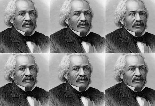 Repeated black and white images of a Black man from the 1800s. 