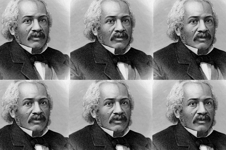 Repeated black and white images of a Black man from the 1800s.