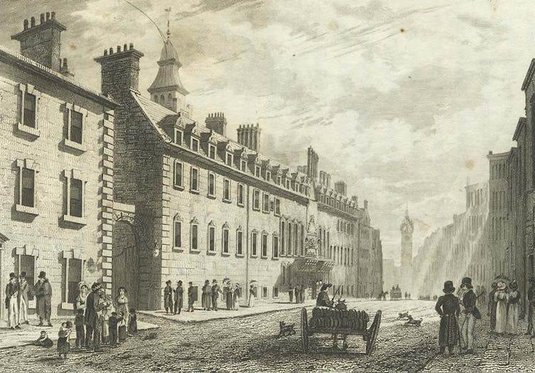 A black and white image of a Glasgow street in the 1820s.