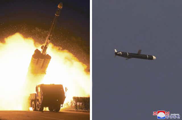 Images show the launching of a long-range cruise missile from a truck, and the missiles flying through the air.