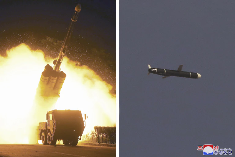 Images show the launching of a long-range cruise missile from a truck, and the missiles flying through the air.