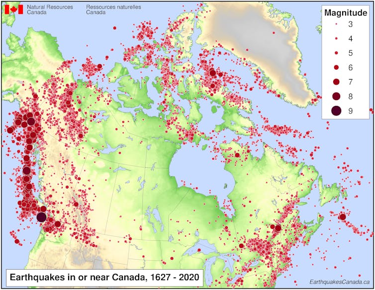 Map showing earthquakes in or near Canada between 1627 and 2020.