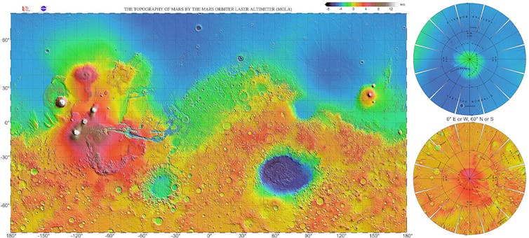 a map the surface of mars that uses rainbow colours
