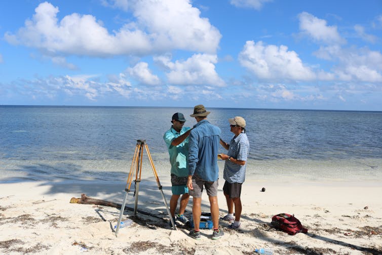 three people working on a shoreline
