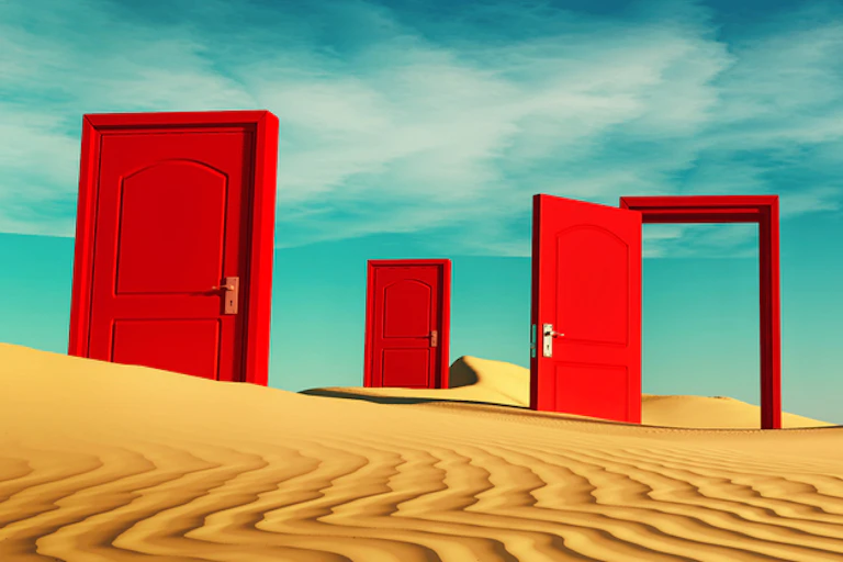 Open and shut red doors on shifting desert sands