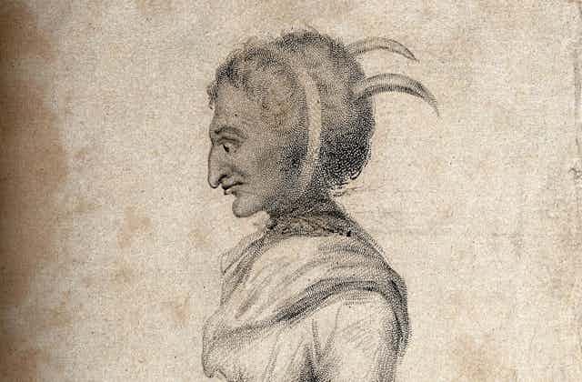 Ann Davis, a woman with smallpox and horns growing out of her head. Stipple engraving by T. Woolnoth, 1806
