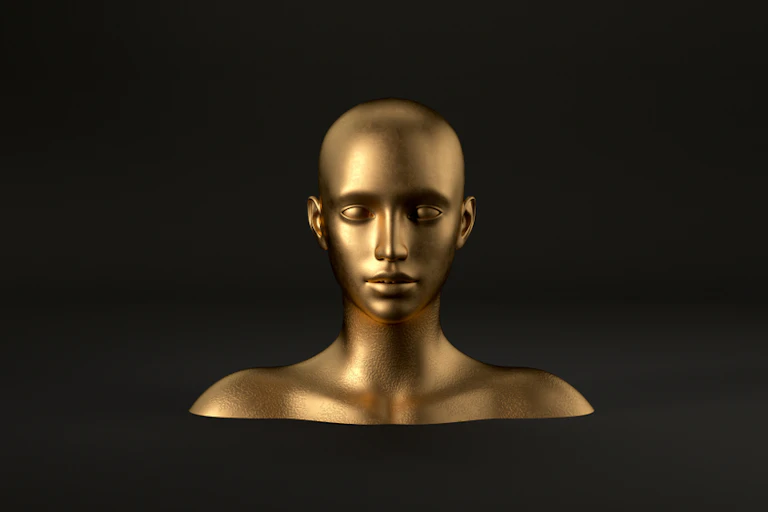 A gold 3D rendering of a mannequin head and shoulders, floating against a black background
