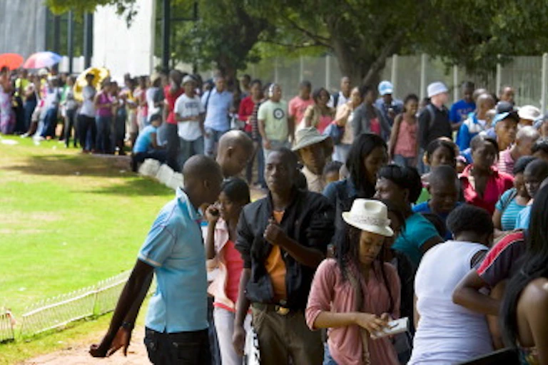 Long line of young people outdoors