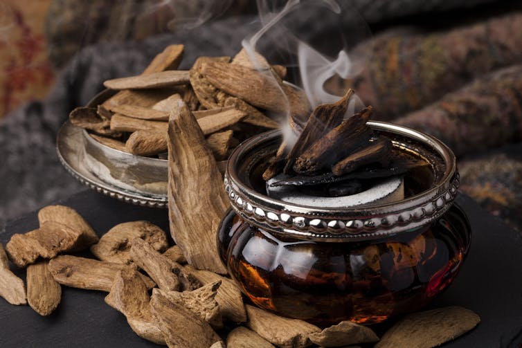 An incense burner surrounded by wooden chips.