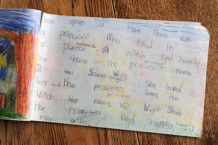 A page from a primary-school pupil's diary with a written story and an illustration