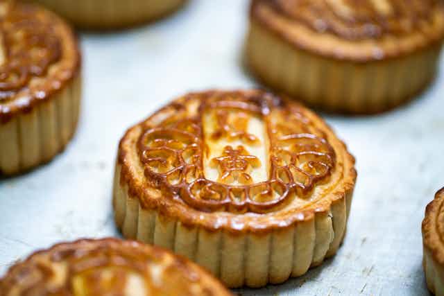 Traditional mooncakes on a pan.