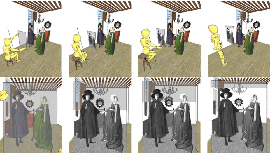 Reconstruction of the execution of the Arnolfini portrait. Top: Postures of the painter during the execution. Bottom: views obtained from the four lenses.