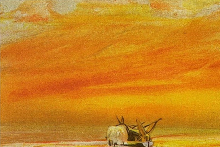 Painting of a boat near London with a brightly colored sunset sky