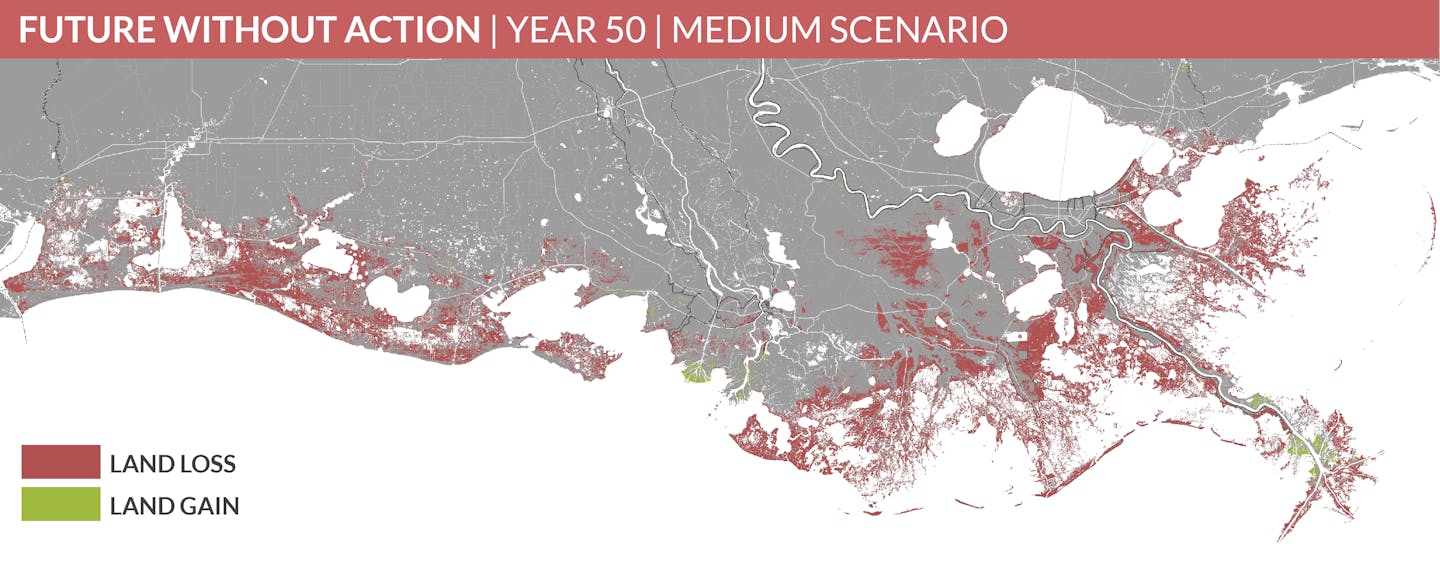A map of southern Louisiana showing expected land loss by 2050.