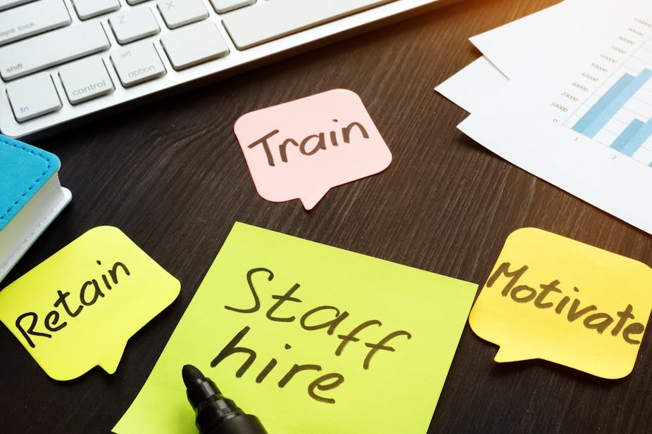 The words 'staff hire', 'train', 'motivate' and 'retain' written on memo pad stick-ons on a desk with a laptop.