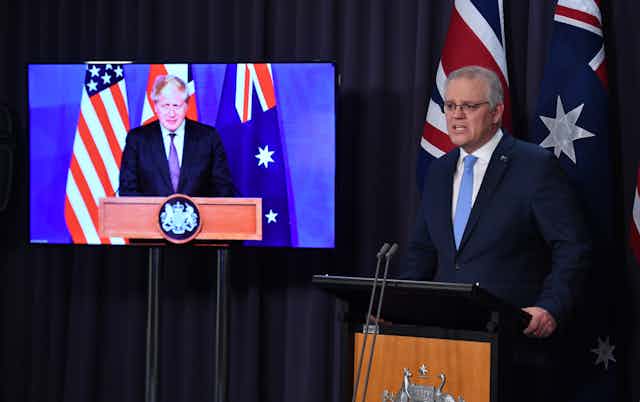 Australian prime minister Scott Morrison announces Aukus with Boris Johnson joining by Skype