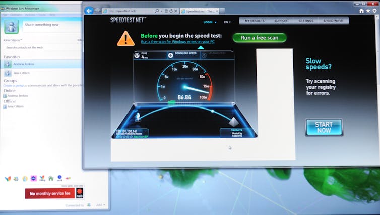 Laptop screen showing broadband speed test result