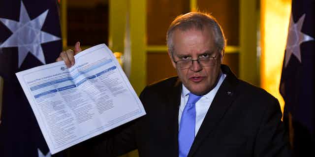 Australian prime minister Scott Morrison holding a copy of the national COVID plan.