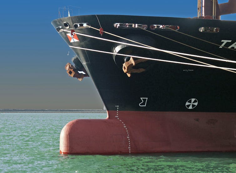 The bulbous bow of a ship