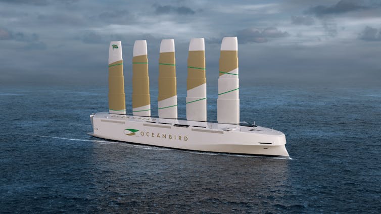 An illustration of a wind-powered cargo ship