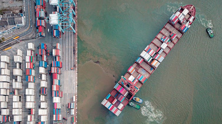 A cargo ship seen from above