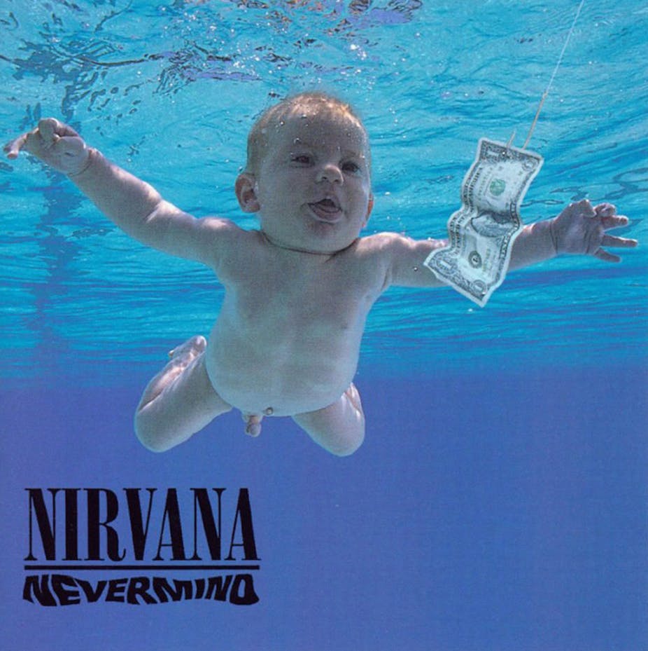 Nirvana nevermind albulm cover, baby ion swimming pool chasing a dollar