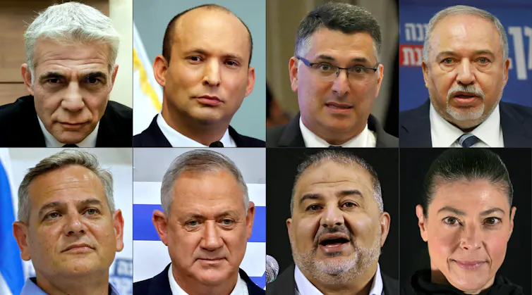 Combo des visages des différents chefs de partis politiques composant le gouvernement de coalition en Israël
