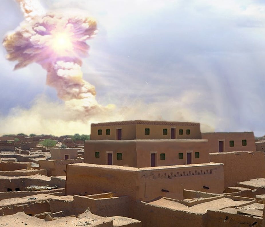 Artist's rendition of ancient buildings made of mudbricks with explosion in sky