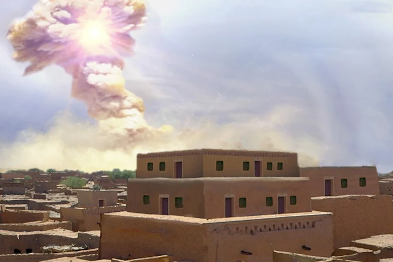 Artist's rendition of ancient buildings made of mudbricks with explosion in sky