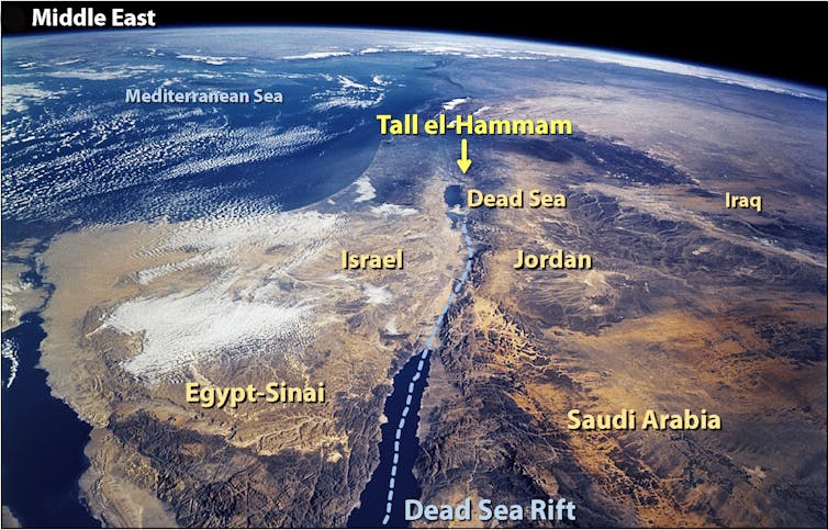 Biblical story of Sodom: satellite image showing the Middle East with Tall el-Hammam labeled near the Dead Sea.
