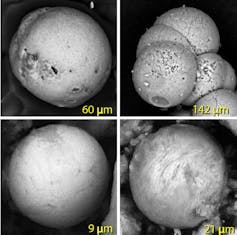 Four panels each with gray spheres, slightly different textures.