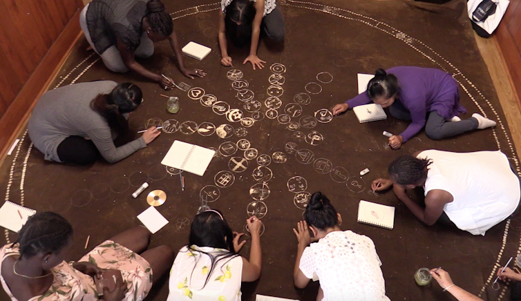 Women drawing on the ground