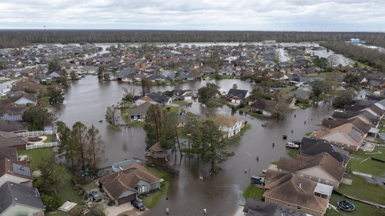 Overhead shot of flooded streets in LaPlace, La., after Hurricane Ida