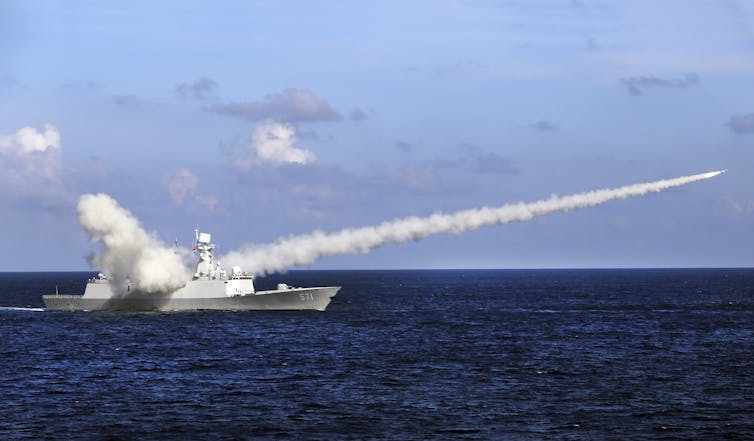 A Chinese missile frigate launches an anti-ship missile.
