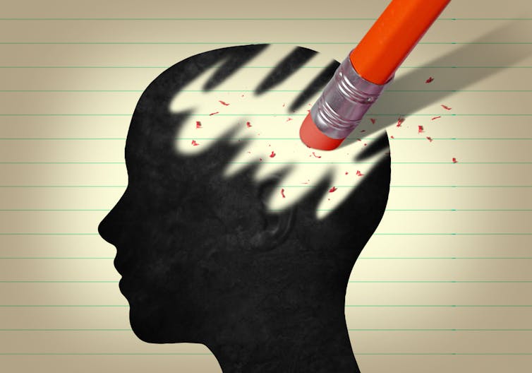 A drawing of a head with the brain being rubbed out by a pencil eraser.
