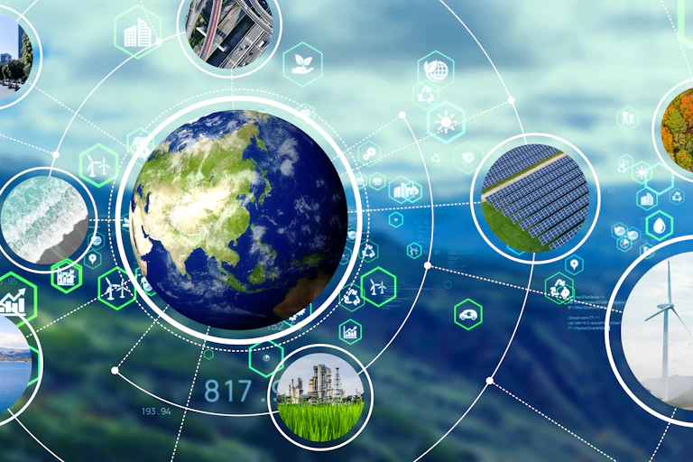 Illustration with the globe and images of solar panels, a wind turbine, trees, hydropower, a city and a power plant in circles.