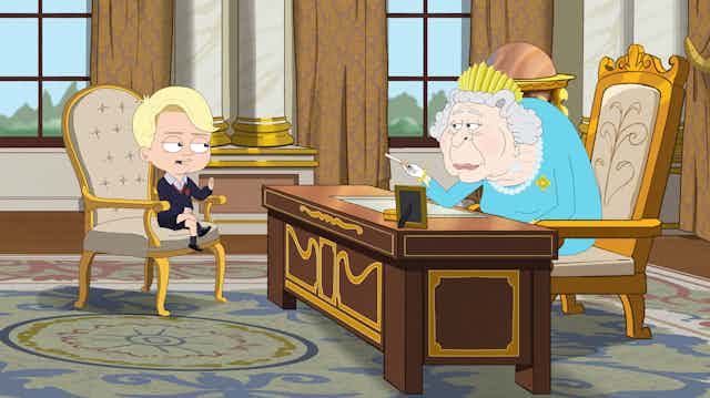 Cartoon of prince George sitting and talking with the Queen.