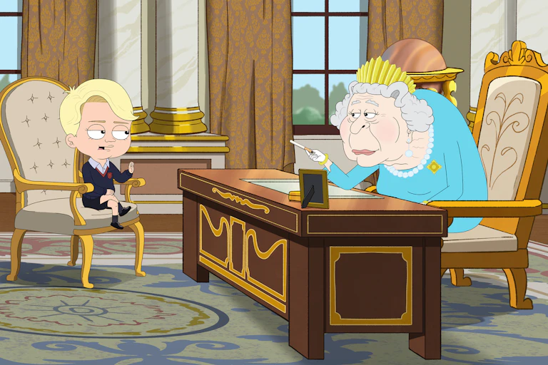 Cartoon of prince George sitting and talking with the Queen.