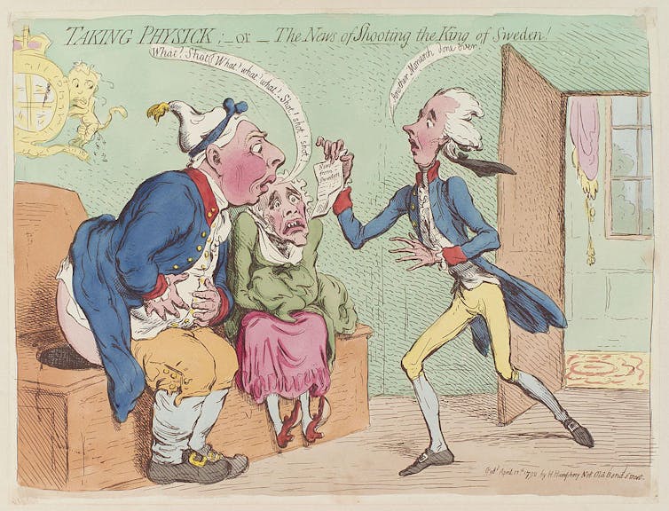 Cartoon depicting a king receiving news on the toilet.