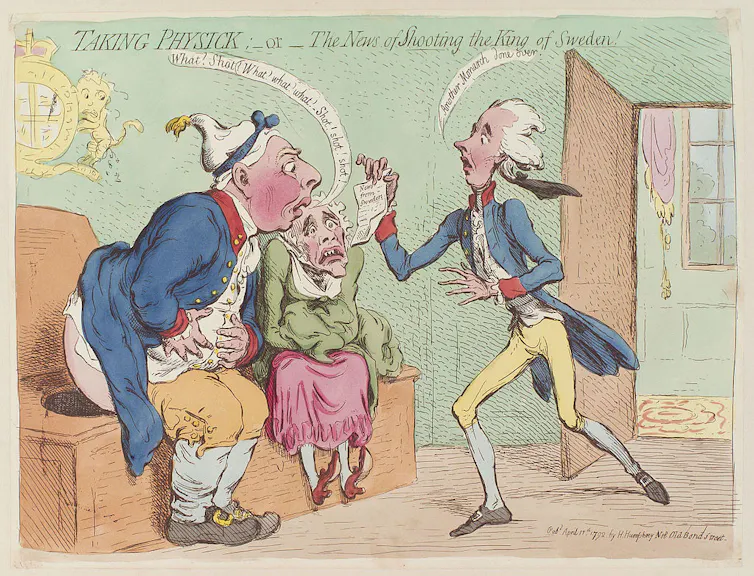 Cartoon depicting a king receiving news on the toilet.