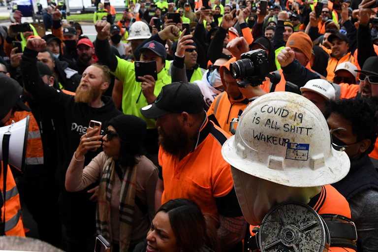 Protesters at the Victorian offices of the Construction, Forestry, Maritime, Mining and Energy Union headquarters on Monday, September 20 2021.