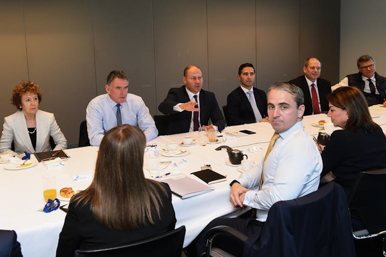 Members of the Australian Banking Association meet with federal treasurer Josh Frydenberg in March 2020.