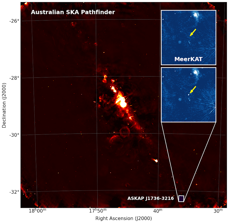 Immagine ASKAP della regione del Centro Galattico. 
I piccoli riquadri mostrano lo spegnimento e l'accensione della sorgente nelle immagini del telescopio MeerKAT.